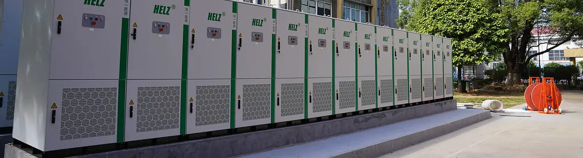 Row of HELZ battery cabinets providing backup power at an industrial site